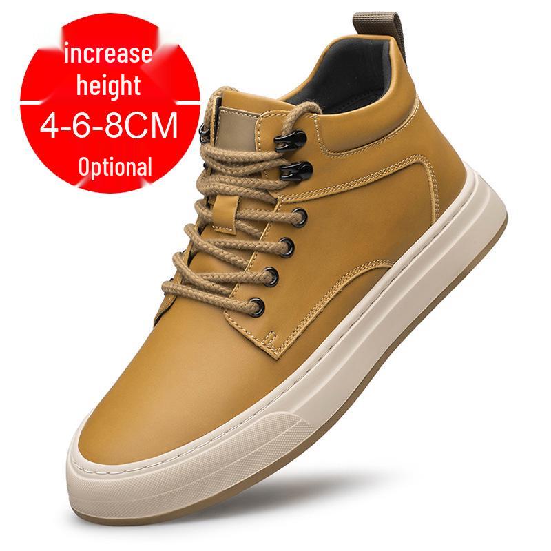 Men's Autumn Invisible Height-Boost 8cm Breathable Cowhide 6-Hole Mid-Top Shoes, British Style Sports Casual Board Sneakers