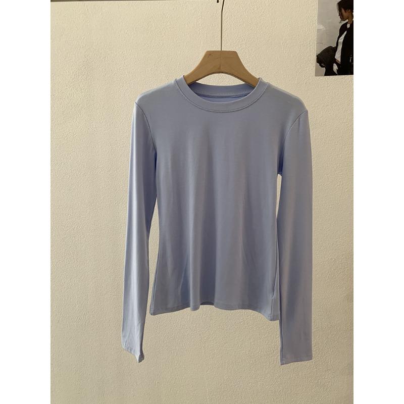 Frühling Herbst Rundhals Einfarbig Unterteil T-Shirt Damen Langarm Schlicht Allround Elastischer Pullover T-Shirt Top