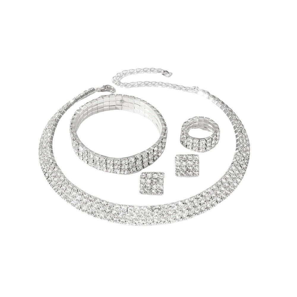 4Pcs Multilayer Necklace Bracelet Earring Ring Set Shiny Rhinestone Choker Bridal Jewelry Set Women
