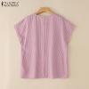 ZANZEA Blusa Casual de Verano para Mujer con Cuello Redondo y Manga Corta a Rayas