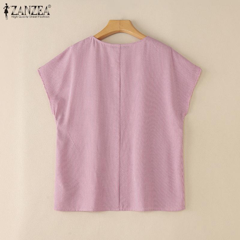 ZANZEA Blusa Casual de Verano para Mujer con Cuello Redondo y Manga Corta a Rayas
