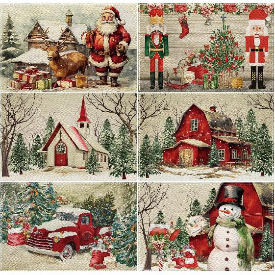 6 PCS Christmas Placemats Decorations Vintage Xmas Place Mats Washable Dining Placemat for Kitchen Xmas Party Decoration Christmas Dining Table Christmas Vintage