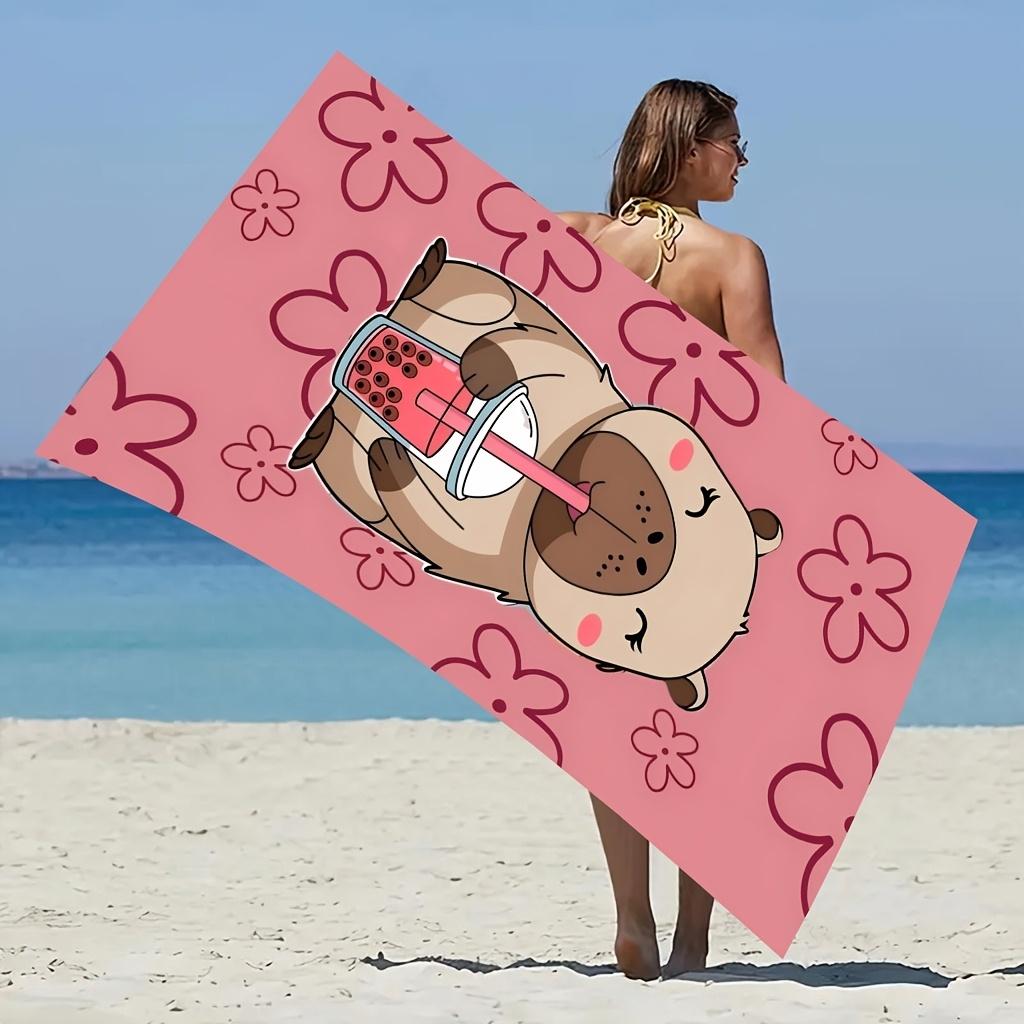 1pc Beach Towel, Cartoon Capybara Holding Pearl Milk Tea Beach Towel, Beach Towel, Very Suitable for Swimming, Fitness Exercise,