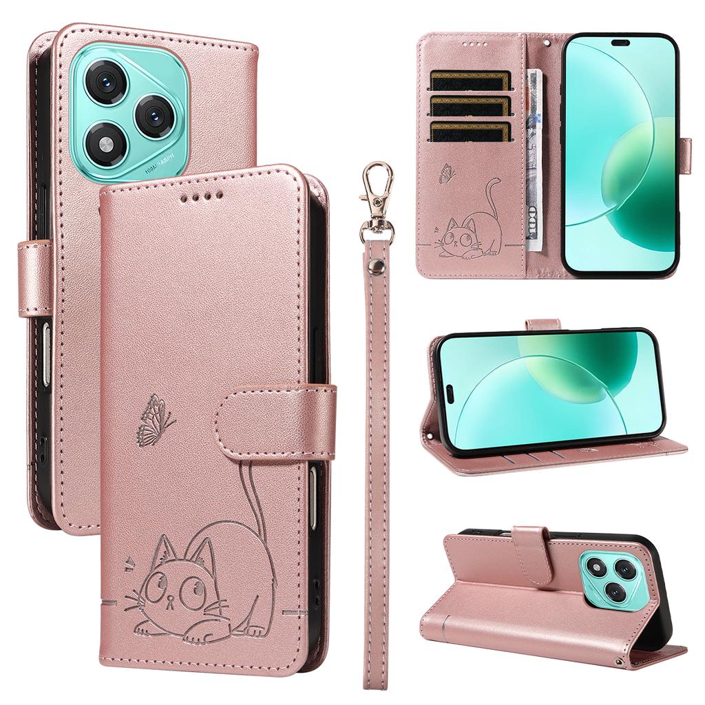 For Honor 400 Lite Case Cat Pattern Imprint Leather Phone Cover with Wrist Strap