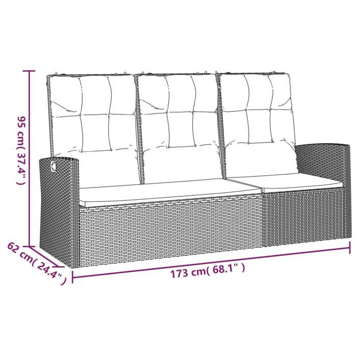 VidaXL Banc de jardin inclinable et coussins noir 173cm résine tressée 362183