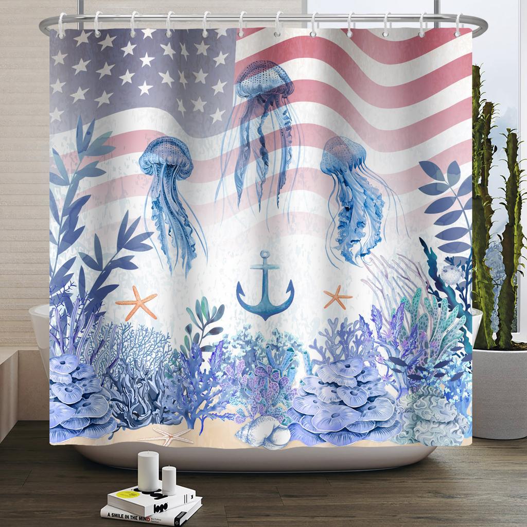 Sea Animals Shower Curtains Cute Dolphin Jellyfish Turtle Starfish Shell Coral Bathroom Bath Curtain Bathtub Privacy Partition