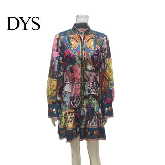 Stand Collar Lantern Sleeve Dress Fall Summer Women Single-breasted Long Sleeves Slim Vintage-inspired Waist Vintage Ruffle Edge Pleated Colorful