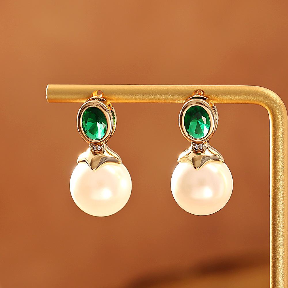 Vintage Emerard Crystal Pearl Drop Earrings for Women Court Style Baroque Pearl Earring Party Banquet Jewelry Accessories Gifts