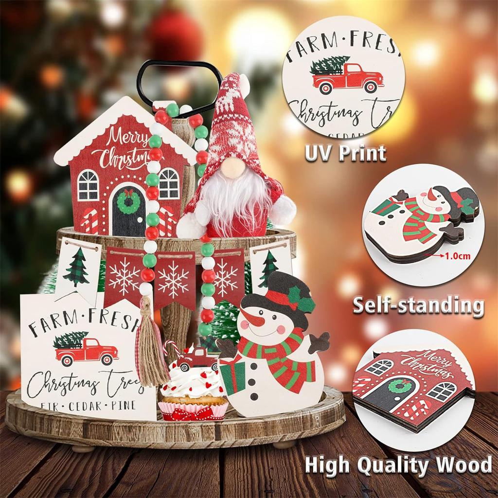 Christmas Dwarf Tiered Tray Decor with Beads String Festive Holiday Decorations Standing Signs for Winter Table Display
