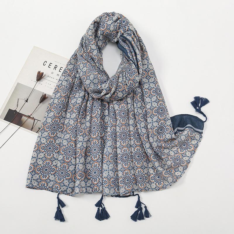 Spring and Autumn New Bali Yarn Tassel Retro Printed Geometric Scarf Versatile Fashion Travel Sunscreen Shawl Silk Scarf Women
