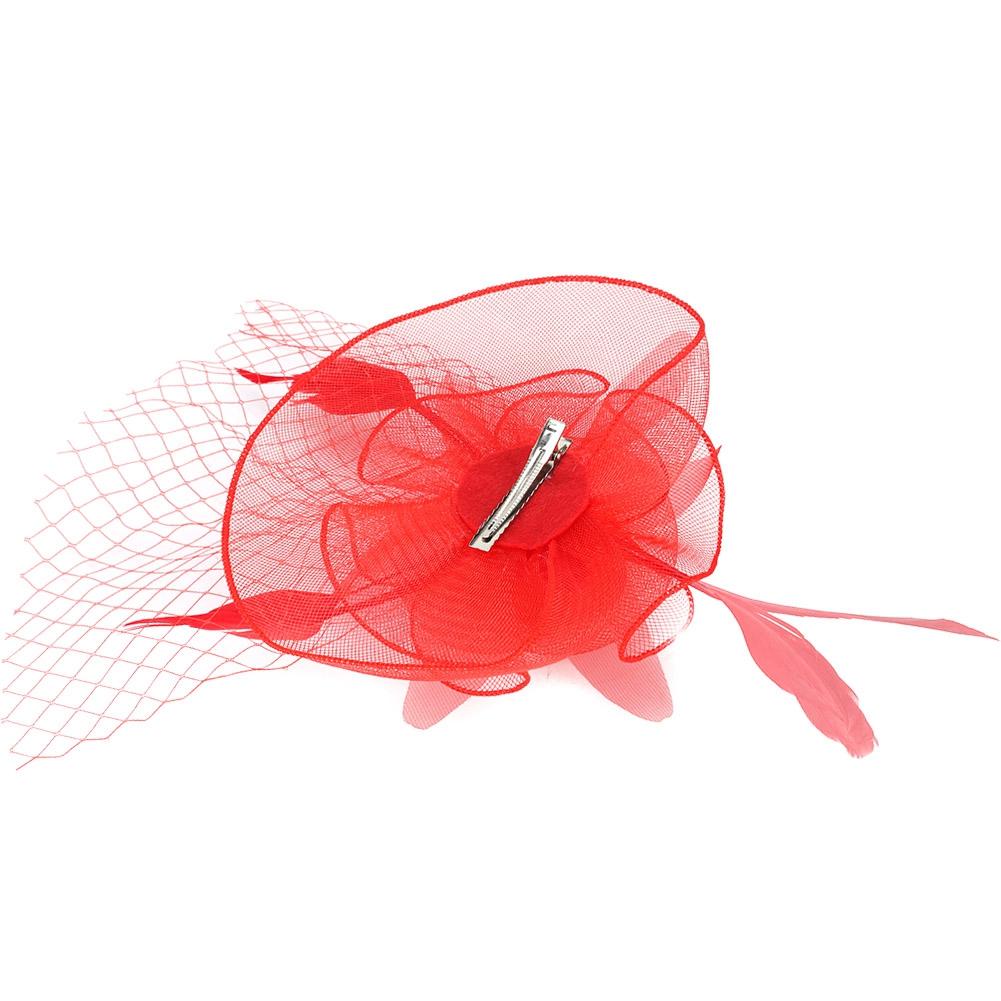 Ladies Gauze Hat Bridal Wedding Birdcage Fascinator Hair Accessory (Red)