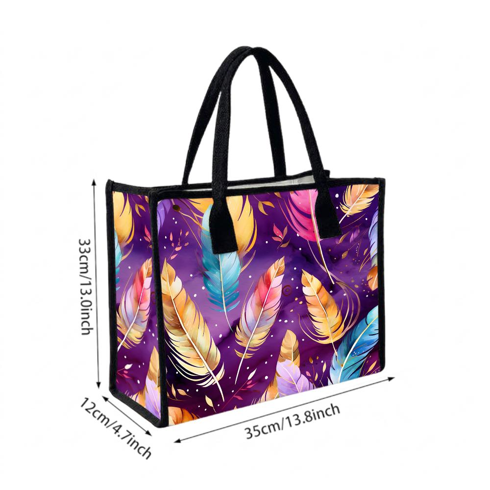 Boho Feather Print Tote Bag Large Capacity Casual Shoulder Bag for Daily Shopping Travel Portable Lightweight Handbag