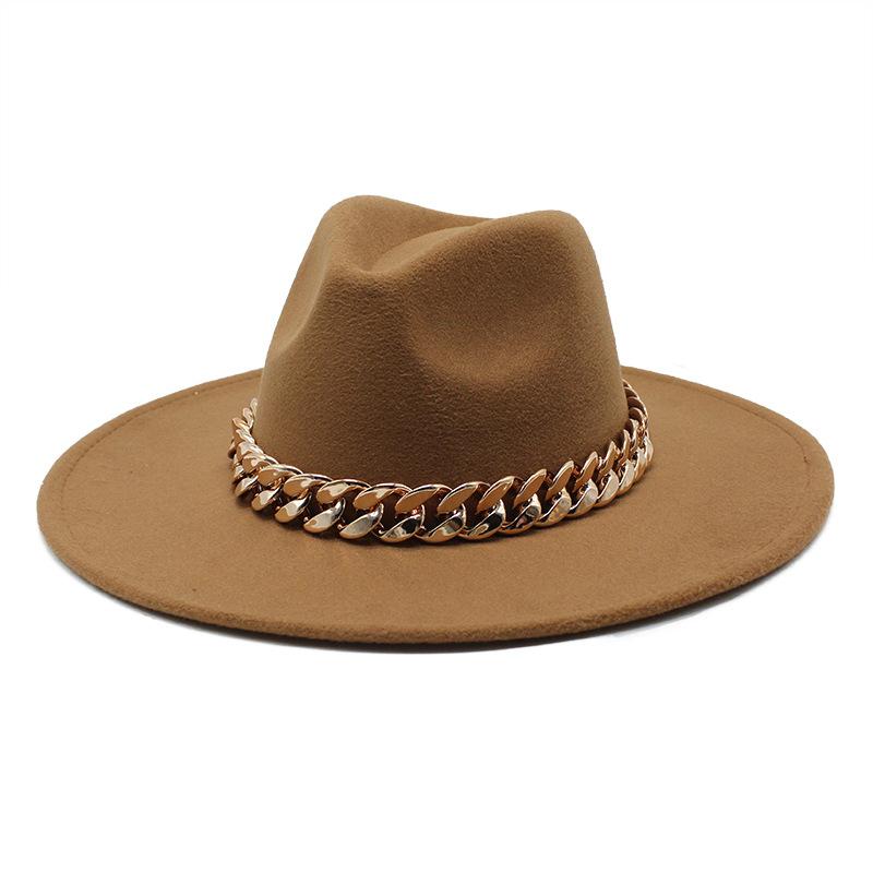 Ветреный сезон Шляпа с широкими полями Толстая цепочка Шляпа-котелок с плоскими полями Мужская и женская шерстяная джазовая шляпа Lmn177 M（56-58cm）