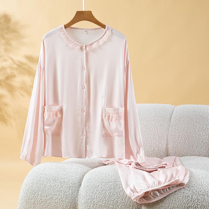 2026 Spring Women s Sweet Lace Trim Cardigan Pajama Set, Plus Size, Tencel Cotton, Indoor/Outdoor Wear One Size