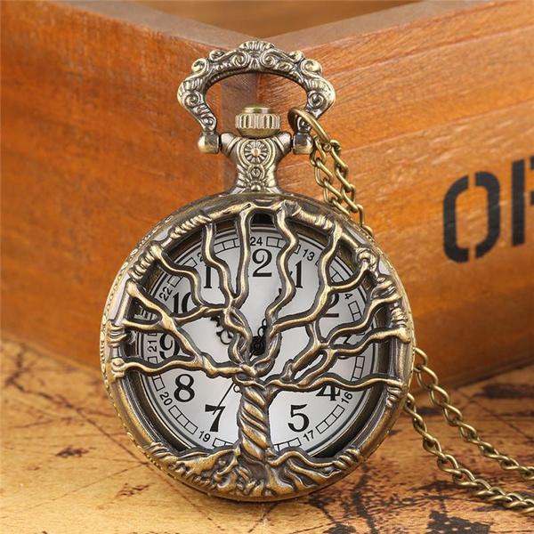 Steampunk Retro Bronze Hollow Tree of Life Quartz Pocket Watch with Fob Chain Women Watch Pendant Necklace Chain Men Gift