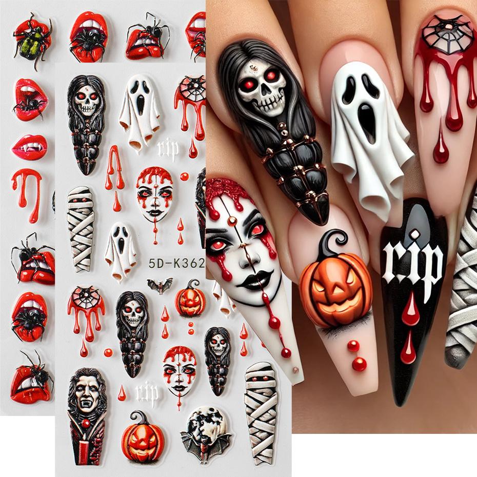 2 Foaie Halloween Fantomă Mumie Sânge Autocolante Unghii Dovleac Pânză Păianjen Buze Design Artă Unghii 3D Decalcomanii Manichiură