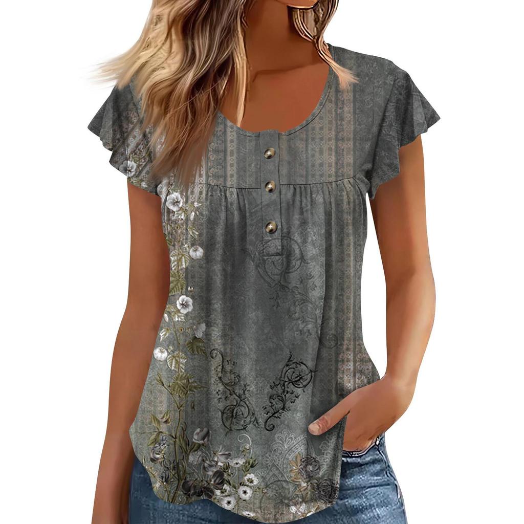 Women's Short Sleeve Tunic Loose Tops Casual Plus Size Tops Pleated Tunic Button Down Casual Summer Spring T-Shirts Tops For Women