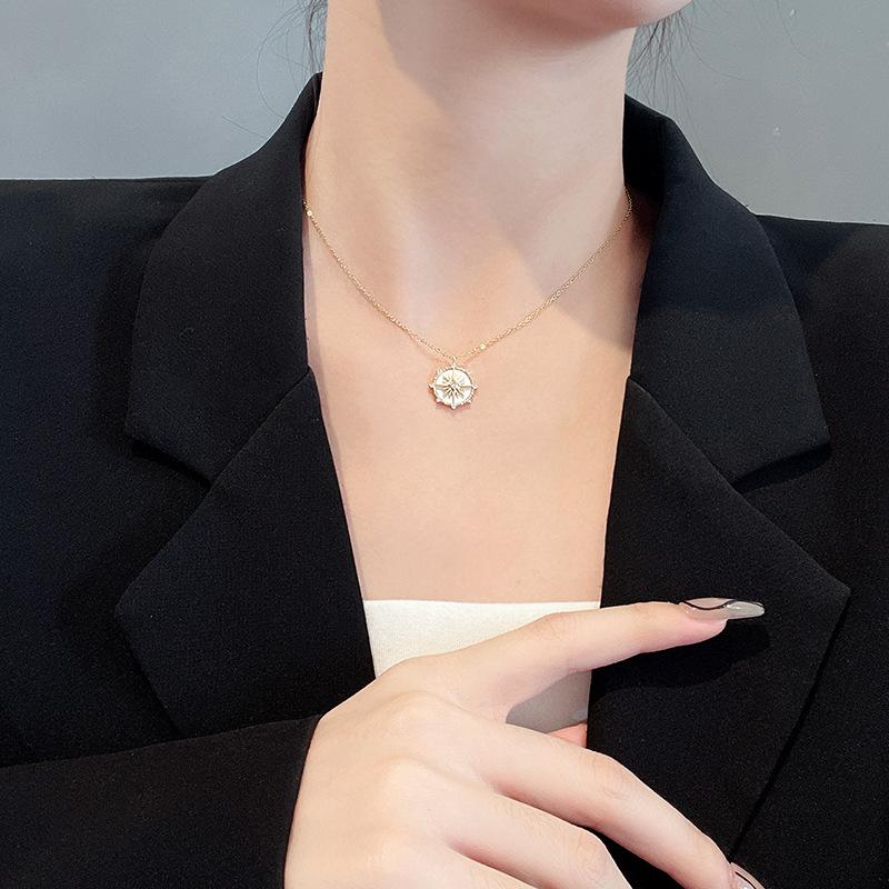 DIEYURO Stainless Steel Fashion Personality Geometric Zircon Necklace Shell Flower Pendant Hong Kong Clavicle Chain Gift