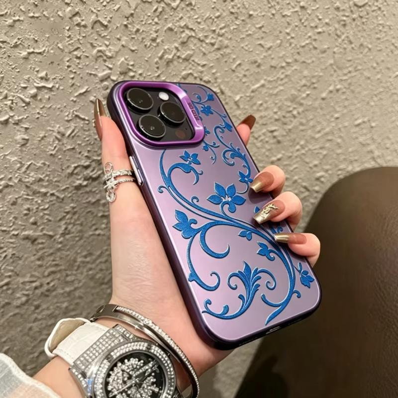 Purple Blue Floral Vine Phone Case For iPhone 17 Air 16 Pro Max 16E 15 14 Plus 13 12 11 XS XR Electroplate Silver Back Cover