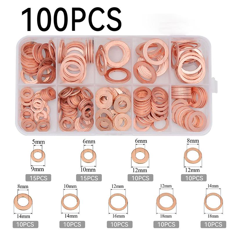 

200/100 шт. медных метрических уплотнительных шайб, набор из плоского кольца, пробки поддона, масляного уплотнения, уплотнительных шайб, дробящая шайба