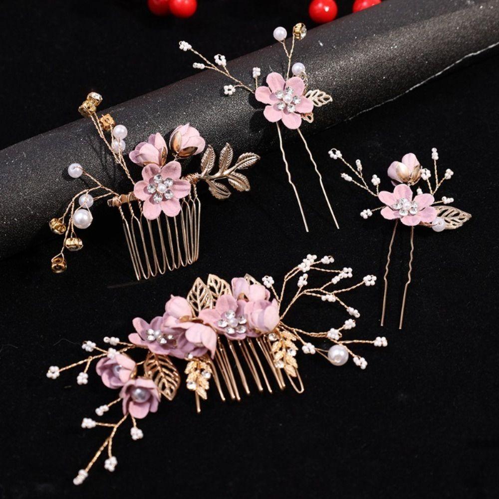4Pcs/set Gold/Silver Flower Hair Comb Rhinestone Headpiece Luxury Bridesmaid Headwear  Prom Event