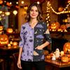 Women's Halloween Print V-Neck Uniform Top with Pockets and Side Slits, Three-Quarter Sleeve Casual Scrub