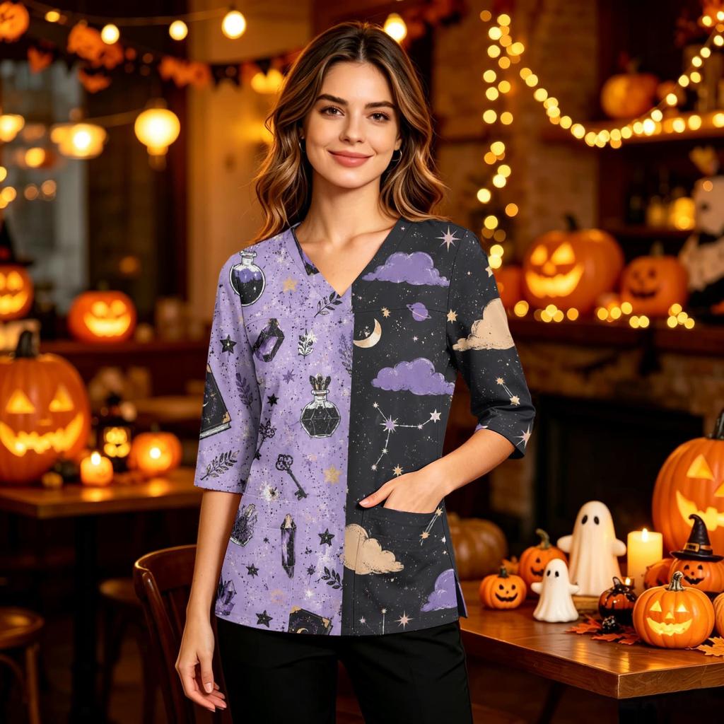 Women's Halloween Print V-Neck Uniform Top with Pockets and Side Slits, Three-Quarter Sleeve Casual Scrub