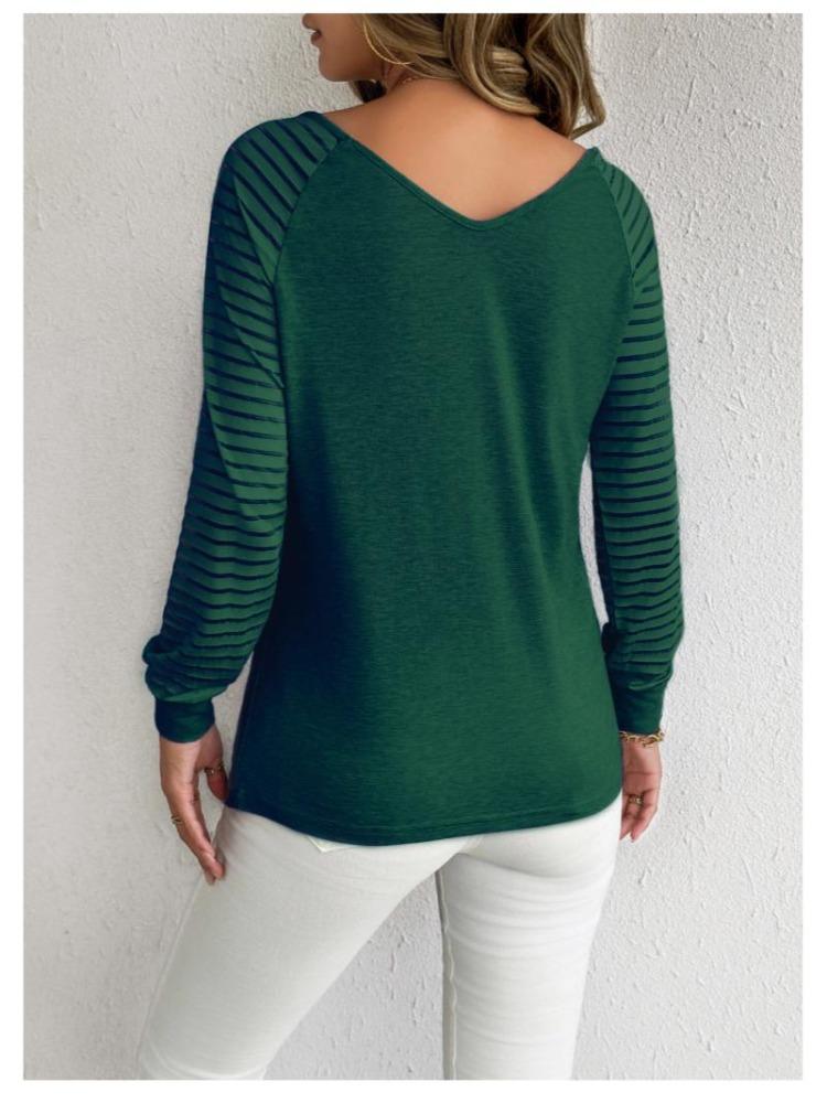 Women Casual Fashion Loose Fit Large Size Long Sleeve V Neck Striped Top Spring Autumn