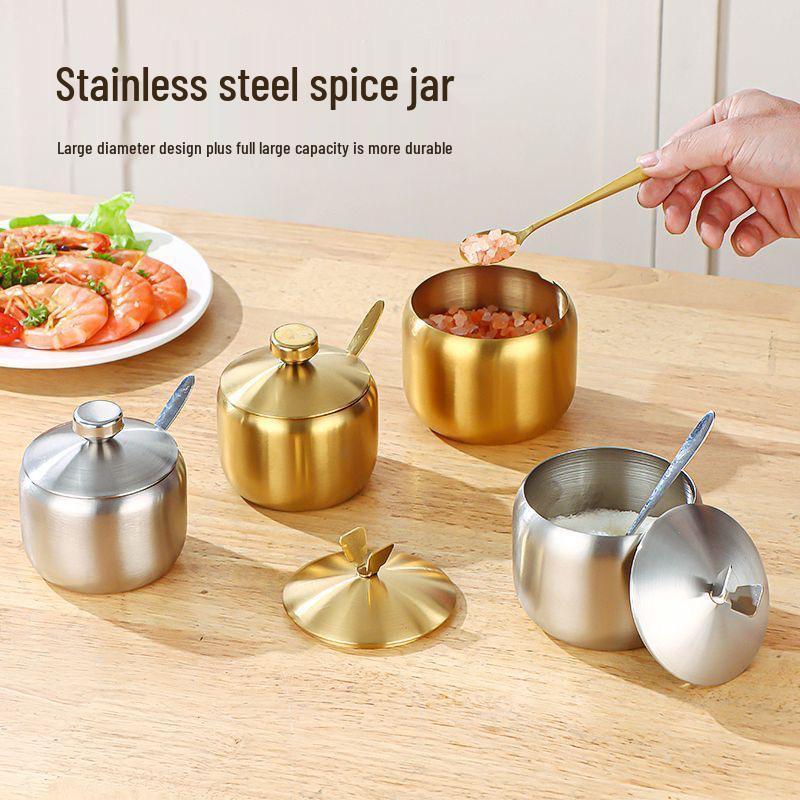 Gold Stainless Steel Seasoning Jar with Lid and Spoon - Korean Style, 304, for Home Kitchen