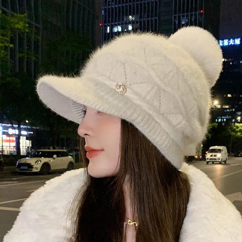 WTEMPO Rabbit Hair Blend Woolen Winter Hats Women All-match Hairball Peaked Caps Windproof Thickened Warm Plush Bomber Hats