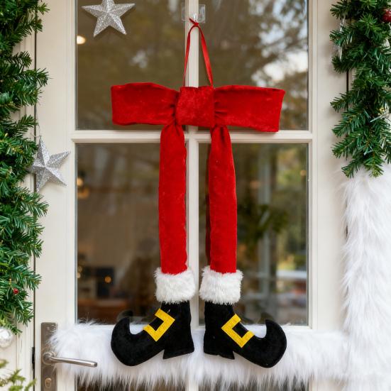 Ornament Picior Elf de Crăciun 14 Inch Roșu Pluș Picior Elf Ornament Agățat cu Fundă de Catifea pentru Coroană Pom de Crăciun Ușă Perete Decor de Sărbători