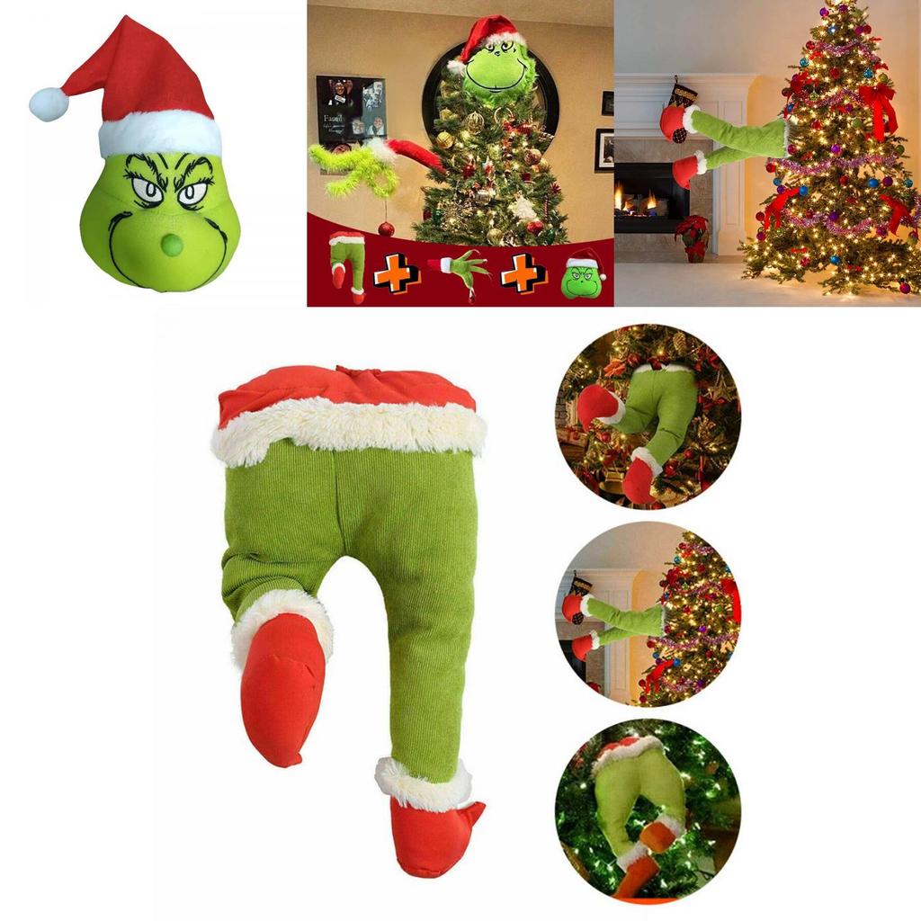 Playful Grinch Christmas Tree Ornament Set With Furry Green Leg And Head Pieces