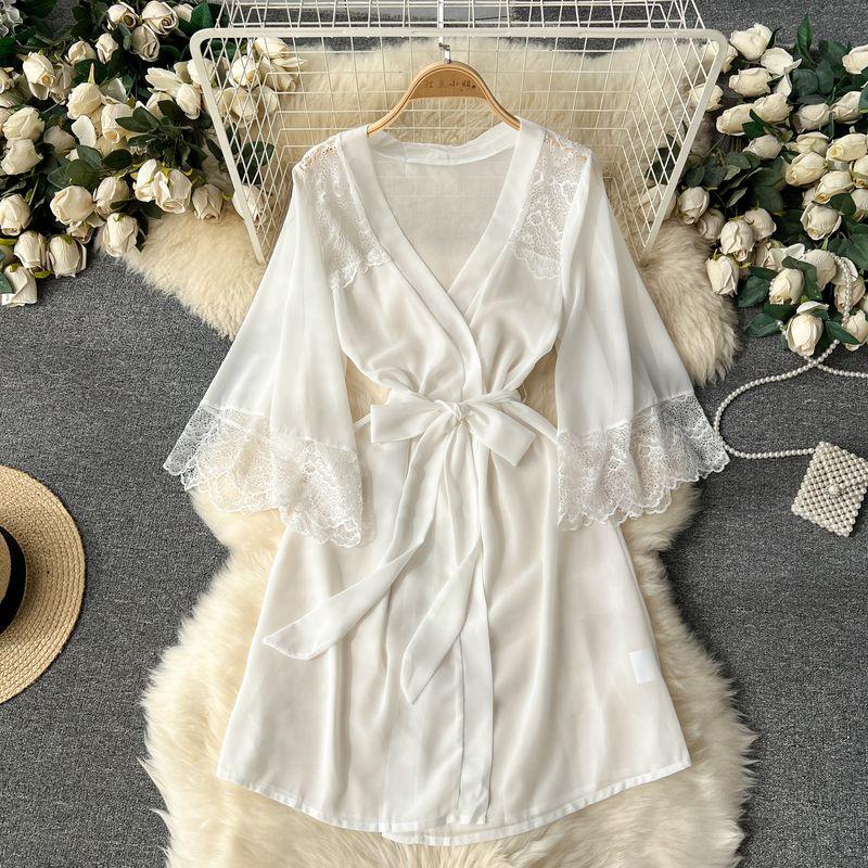

Adult Lady like Woman See-through Lace Lace-up Waist-Controlled Chiffon Pajamas White [robe + belt]] M
