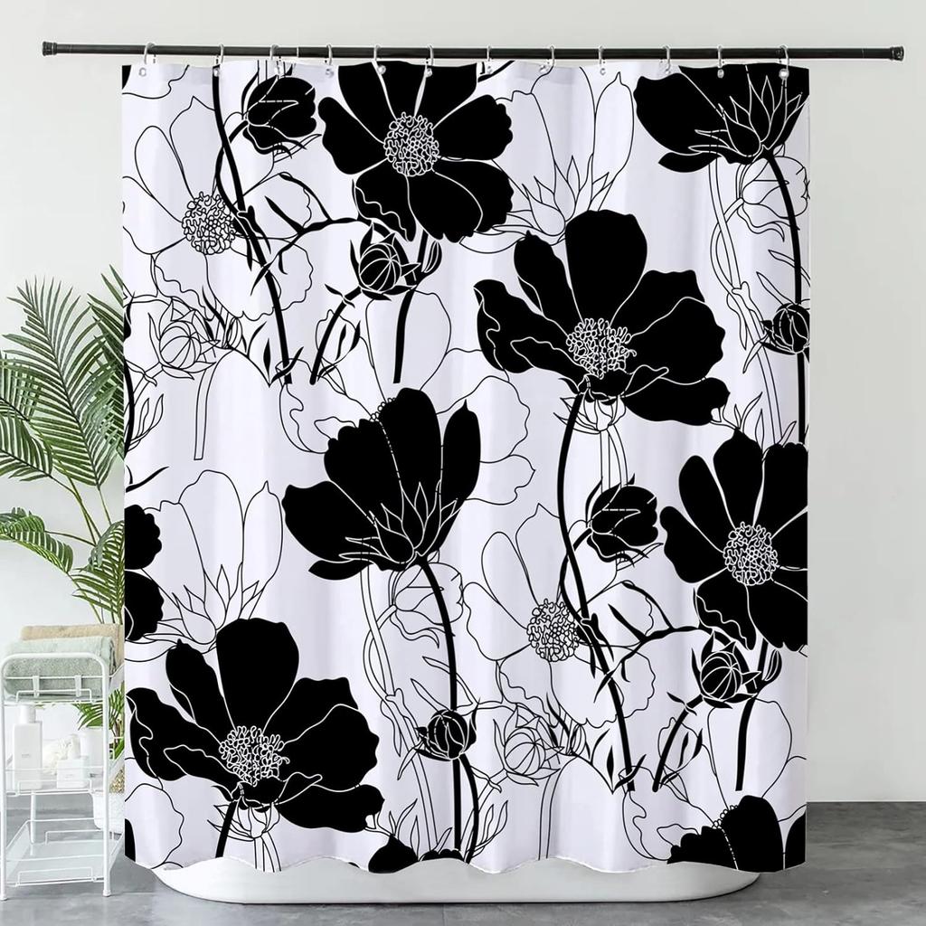 Black and white shower curtain floral beautiful bathroom floral waterproof fabric shower curtain with hook 180x180cm