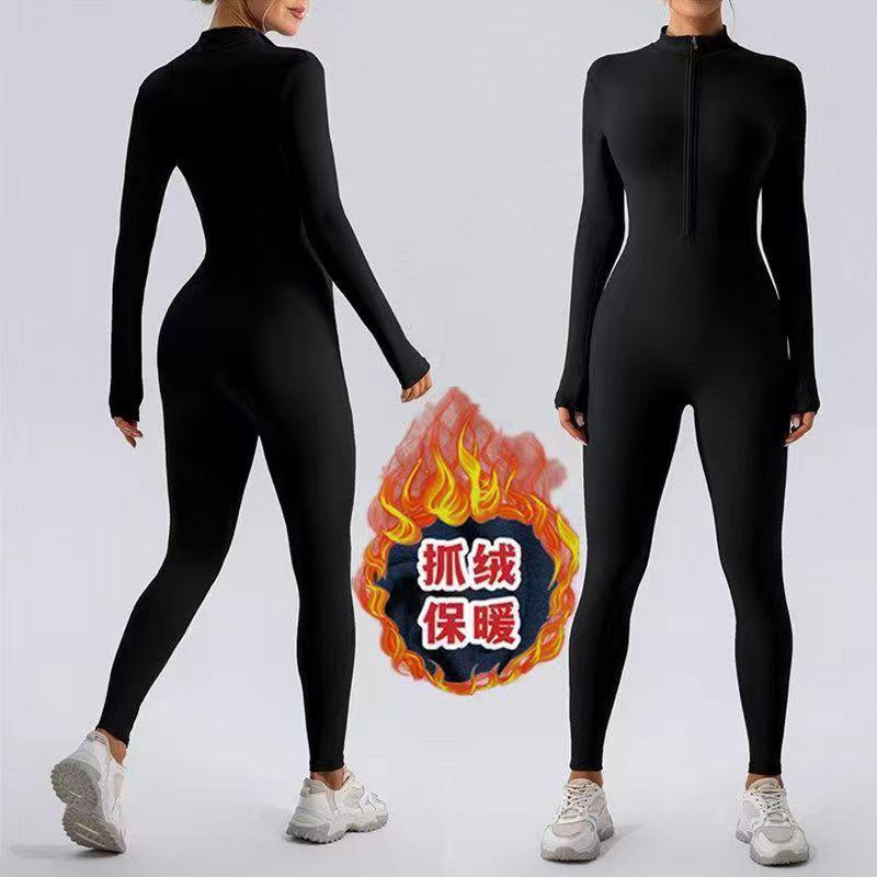 Winter Warm Fleece Tight Jumpsuit Yoga Fitness Dance Cycling Jumpsuit Zipper Tight Jumpsuit Pilates Sports Warm Training Jumpsuit