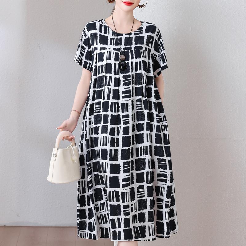 Plus Size Loose Vintage Print Langes Kleid für Damen Lässige Kurzarm-Sommer-Damenkleider