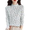 Women's Fashion Long Sleeve Double-Sided Velvet Floral Print Base Layer Shirt Half High Neck Warm T-Shirt Top