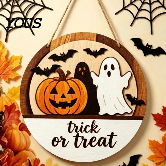 Handmade Wood Sign Halloween Layered Round Door Hanger, 3D Pumpkin Ghost Owl Welcome Sign, Front Porch Seasonal Plaque Farmhouse Wall Hanging