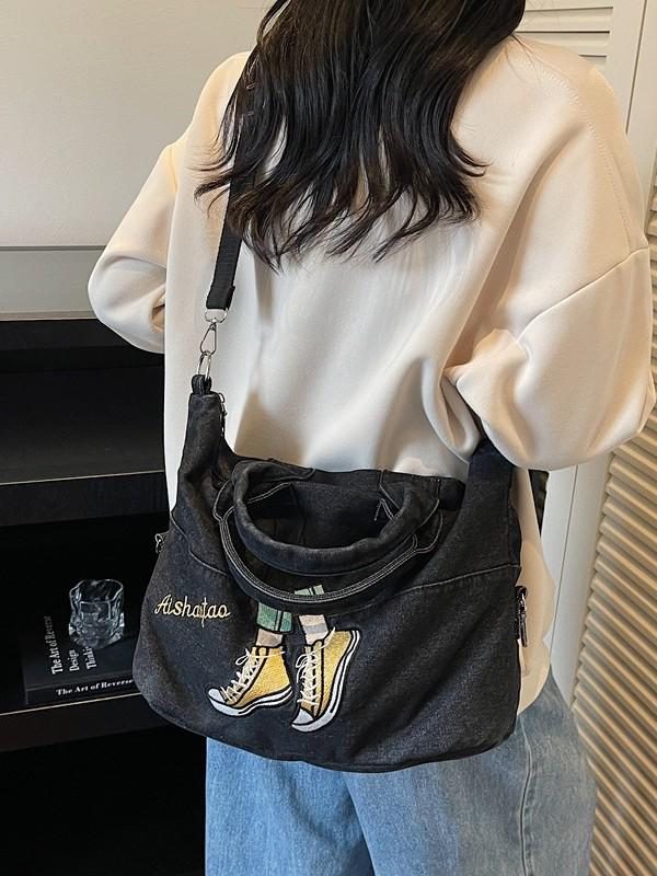 Korean Style Color Block Embroidery Denim Bag - Versatile Large Capacity Shoulder & Crossbody Bag