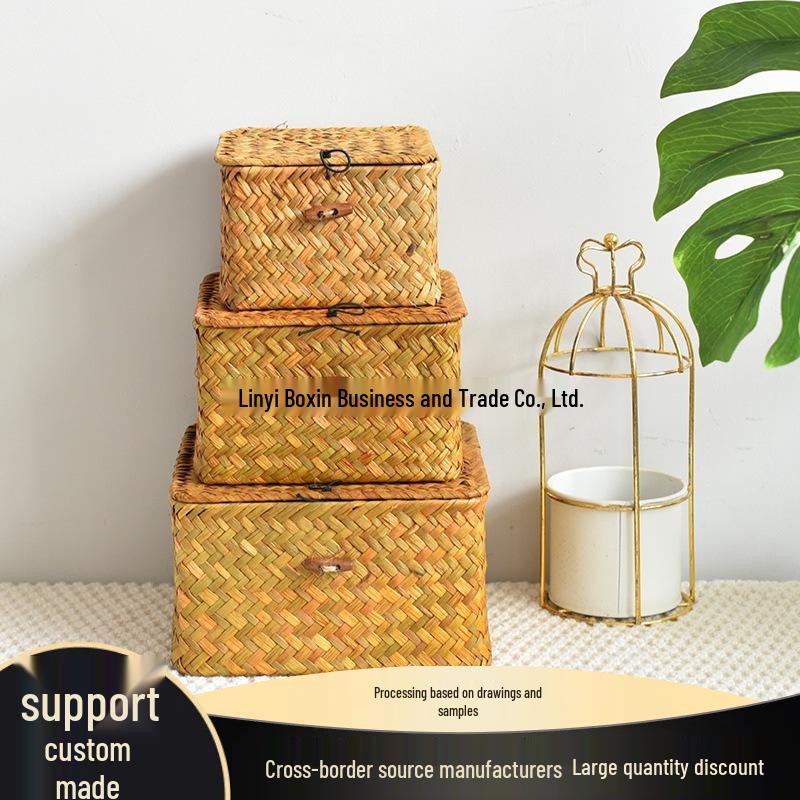 Handmade Straw Rattan Gift Basket with Lid – Woven Storage Box for Stationery & Souvenirs