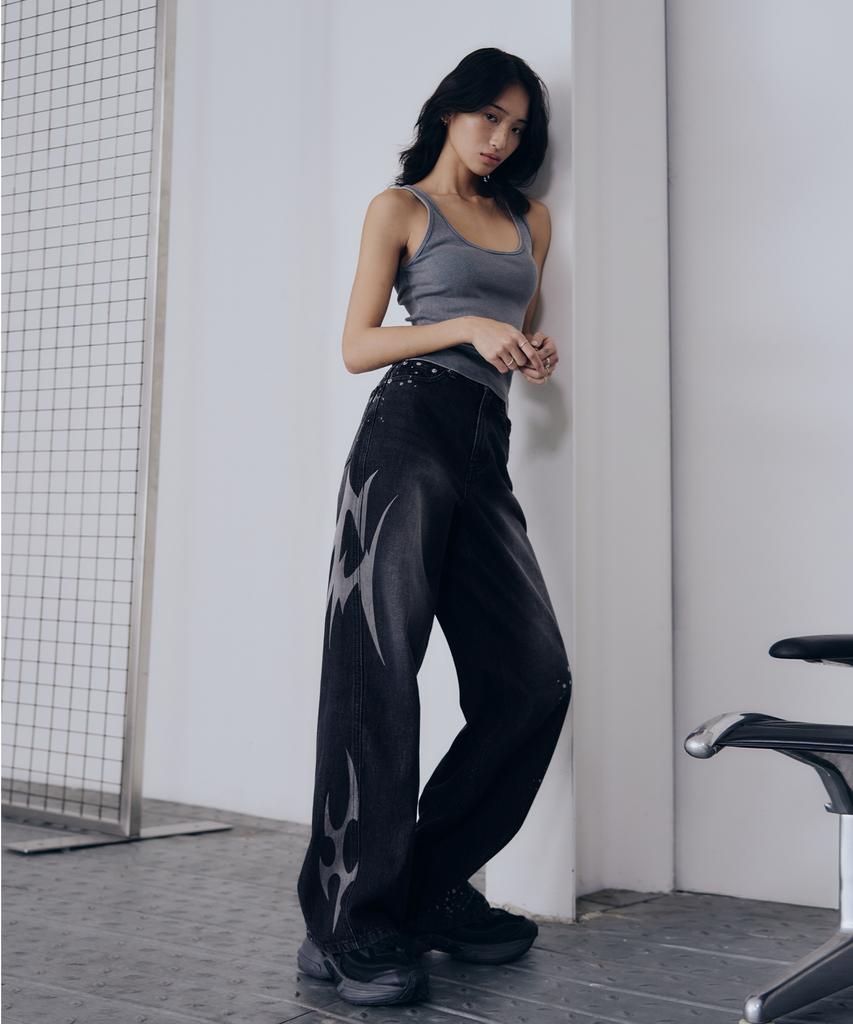 Ledeoli Graphic Print Wide Denim Pants [Black]