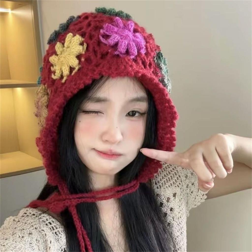 Women’s Hat Fall and Winternew Arrivalhandmade Crocheted Flower Tassel Knitting Cap for Women Ethnic Style Travel Double Layer Ear Protection Trendy