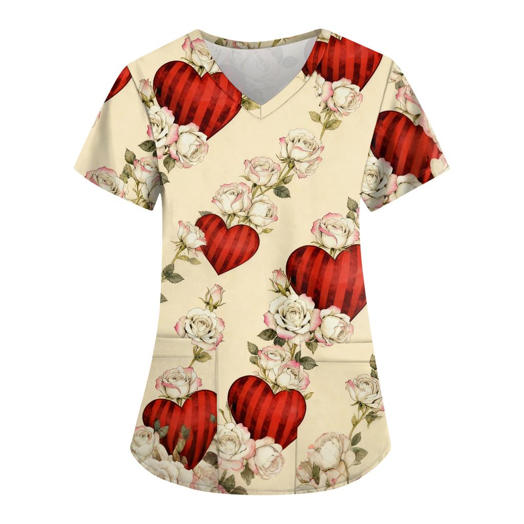Women's Fashion Printed Short Sleeve V Neck Pattern Tops Pocket Working T-shirts