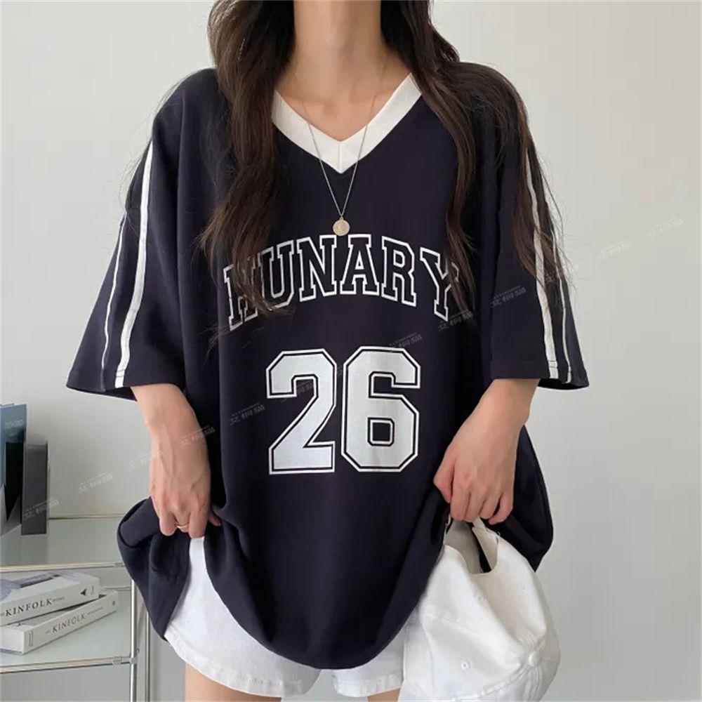 

Плюс размер Женская уличная ретро спортивная футболка с V-образным вырезом уличные свободные футболки с коротким рукавом с буквенным принтом топы футболки XXXL темно-синий