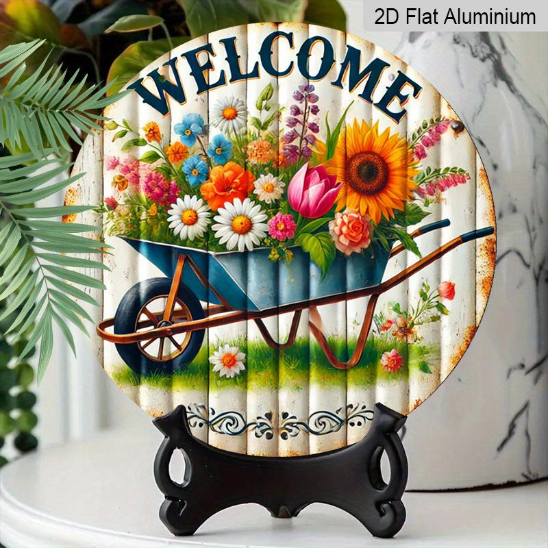 2D Flat 1pc, 8x8 in, Rustic Garden Welcome Sign with Vintage Unicycle & Colorful Flowers - Durable Aluminum Metal Wall Art for Outdoor Patio, Garage