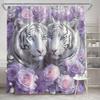 Tiger und Rose Duschvorhang 180x180cm – Weißer Tiger mit Blauen Augen, Rosa Blumendekor für das Badezimmer, 12 Haken