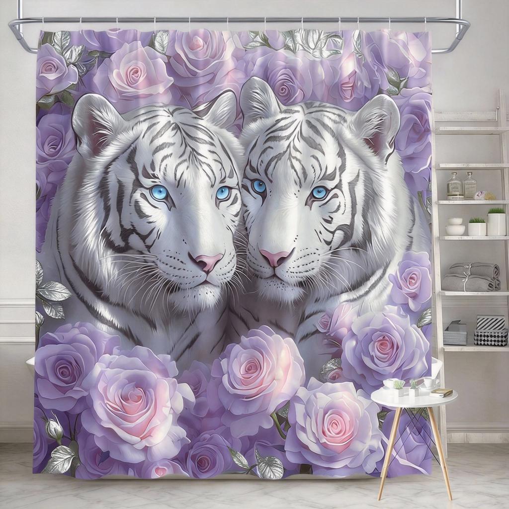 Tiger und Rose Duschvorhang 180x180cm – Weißer Tiger mit Blauen Augen, Rosa Blumendekor für das Badezimmer, 12 Haken