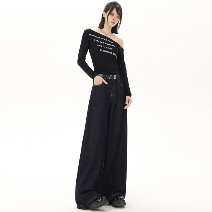 

Women s Retro Wide-Leg Straight Denim Pants - Autumn Style, Fade-Resistant, Thin Plush Fabric Extra Small
