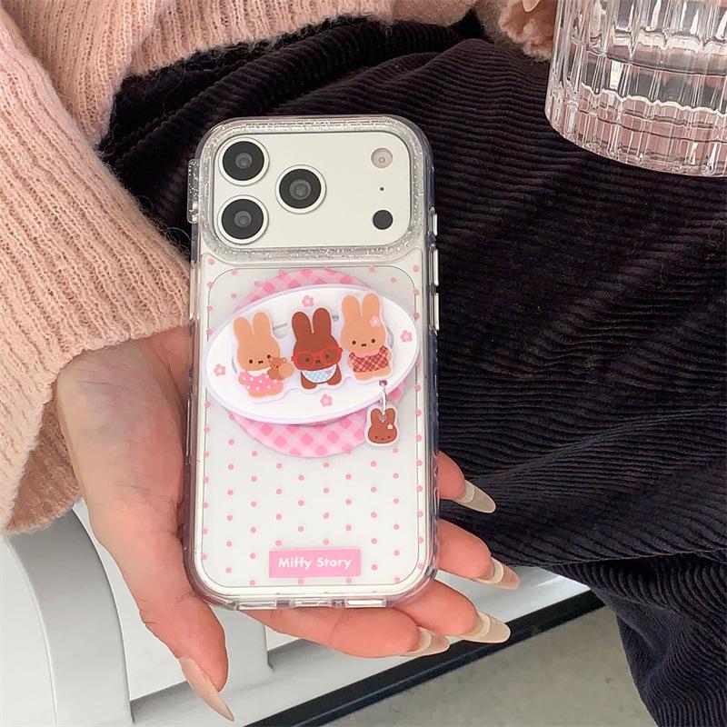 Polka Dot Plaid Rabbit Magnetic Stand Case for iPhone 17/16 Pro Max/15 Pro