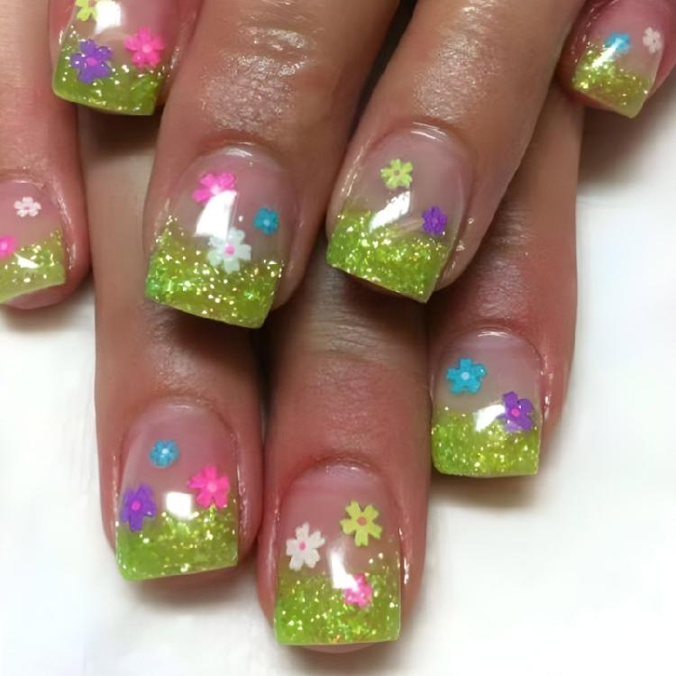 

24x Colorful Flowers Press On Nail French Tip False Nail Glittering Stick on Nail Saint Patricks Day Acrylic Nail 1